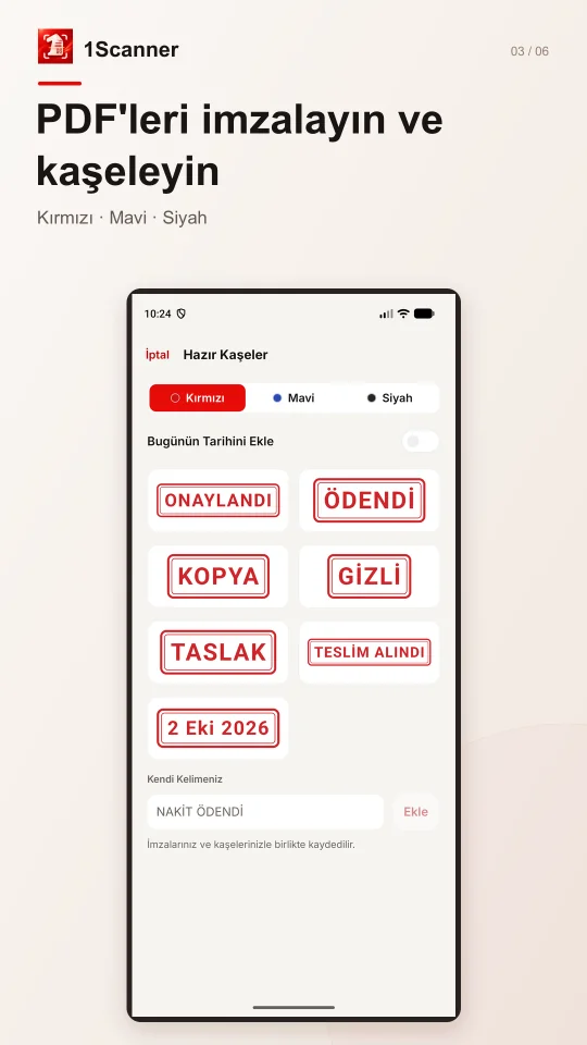 Android için 1Scanner’da PDF üzerine yerleştirilmiş hazır damga