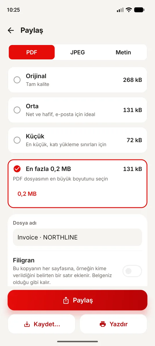 Türkçe Android paylaşım ekranında 0,2 MB hedefi, 268 kB asıl dosya ve 131 kB ölçülen çıktı