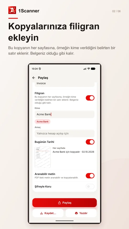Belge kopyasında alıcı ve kullanım amacı içeren filigran önizlemesi