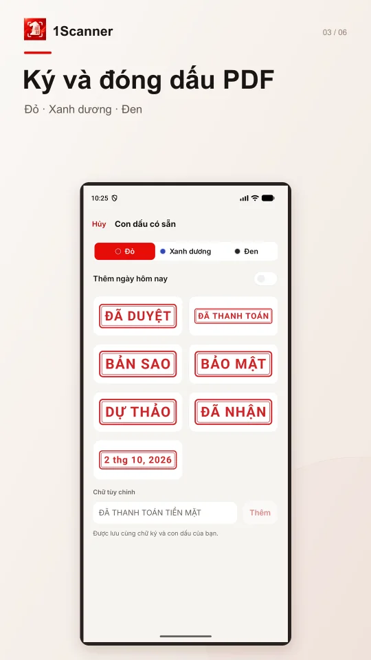 Con dấu có sẵn được đặt trên PDF trong 1Scanner Android