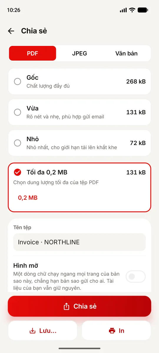 Màn hình Chia sẻ của 1Scanner Android: giới hạn 0,2 MB, bản gốc 268 kB, kết quả 131 kB