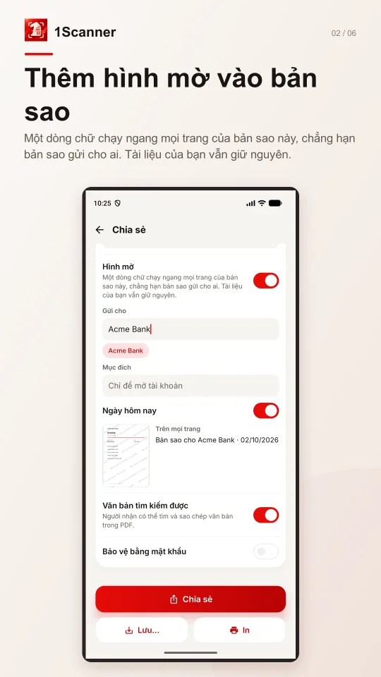 Xem trước dấu chìm ghi người nhận và mục đích trên bản sao tài liệu