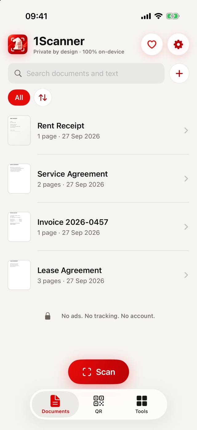 1Scanner Documents library with search, folders and the Scan button, under the header “Private by design · 100% on-device”