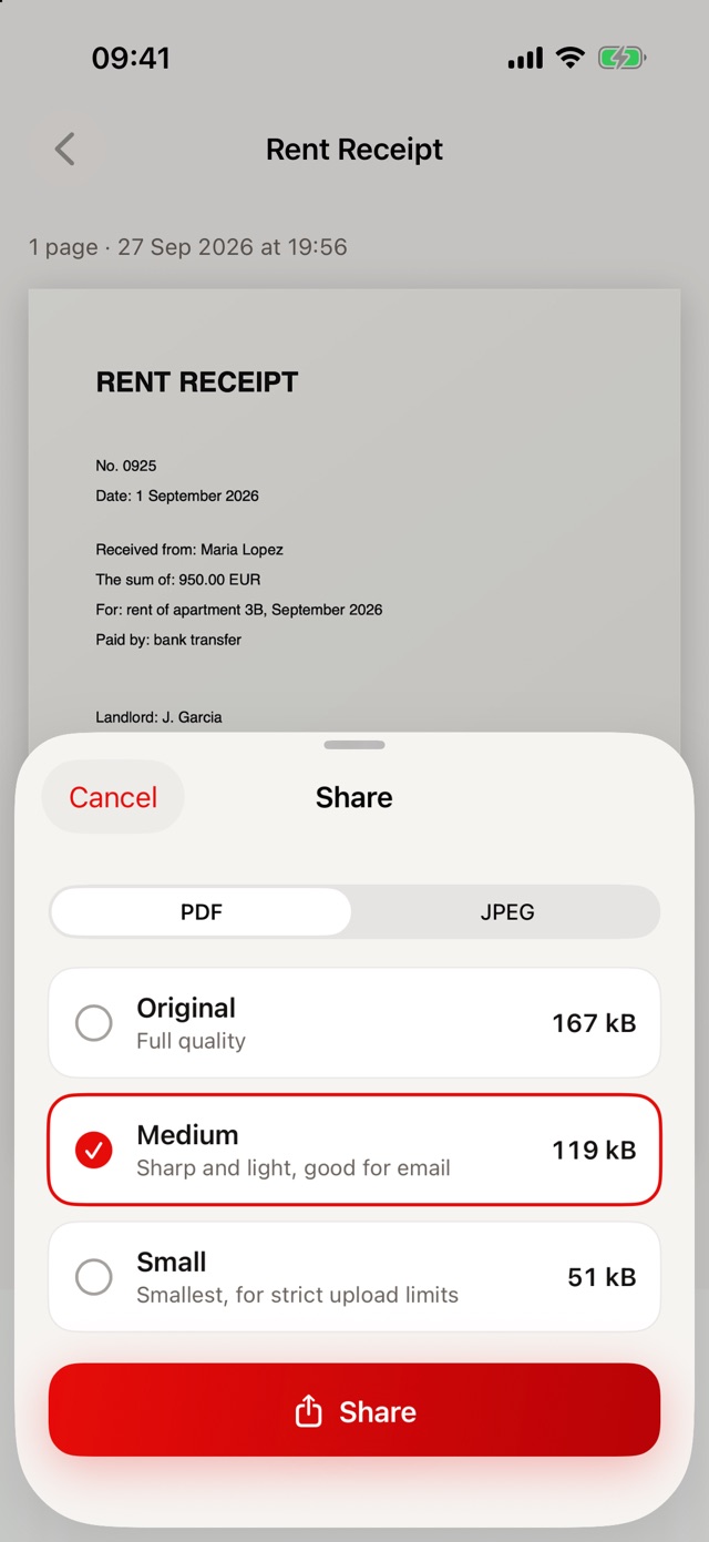 1Scanner Share step: a PDF in Original 167 kB, Medium 119 kB or Small 51 kB, with Medium selected