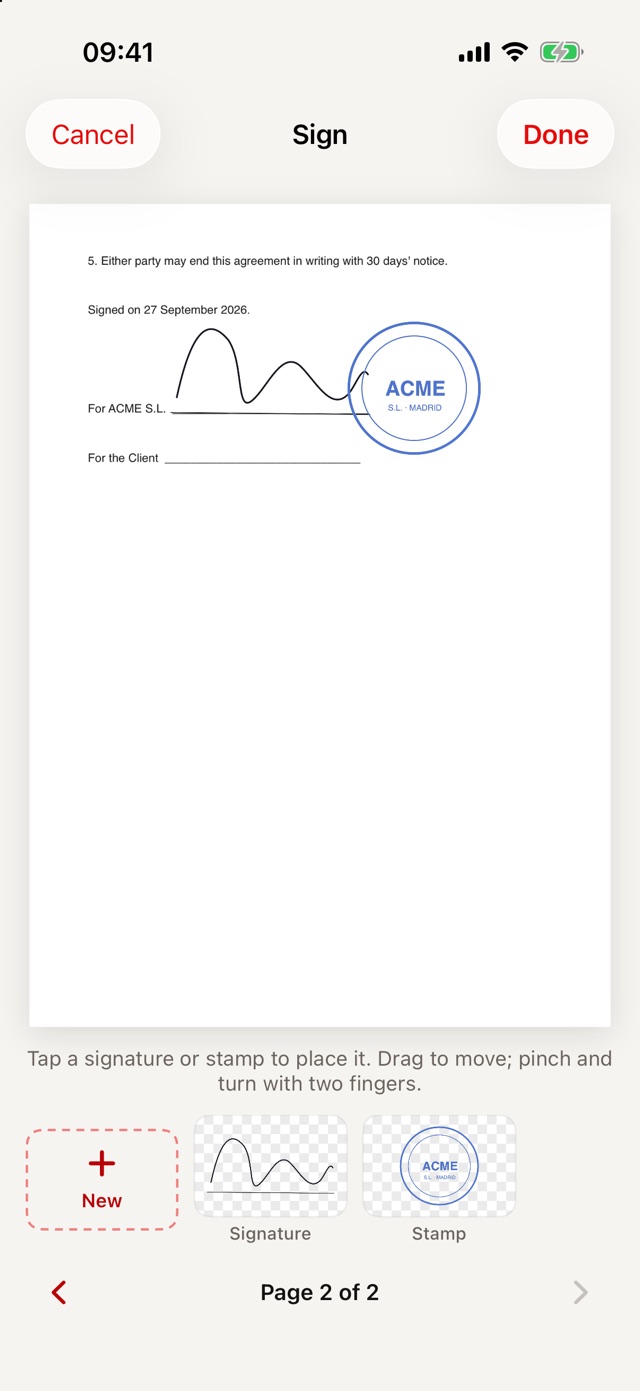 1Scanner Sign screen: a handwritten signature and a blue company stamp placed on a document