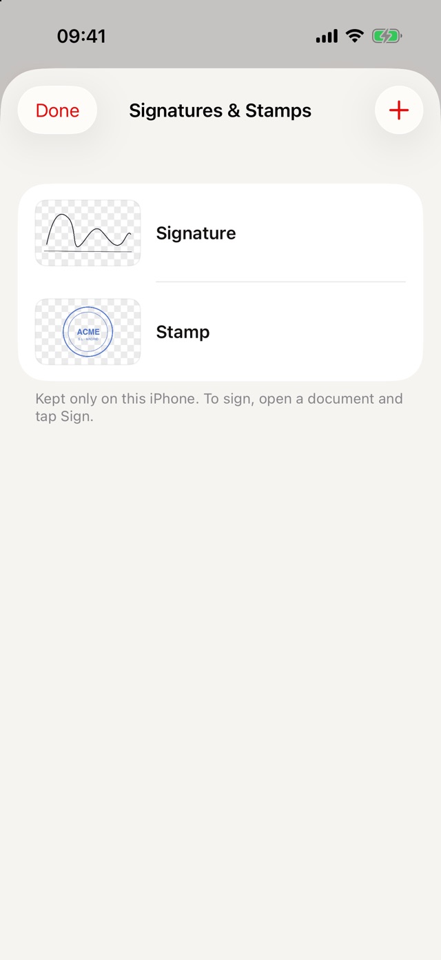 Signatures & Stamps library in 1Scanner with a saved signature and a company stamp, kept only on this iPhone