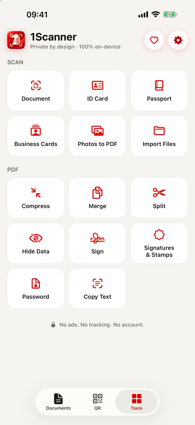 1Scanner 1.0.1 Tools: document, ID and passport scanning, business cards, photos to PDF, compression, merge, split, Hide Data, signatures, stamps, passwords and text recognition